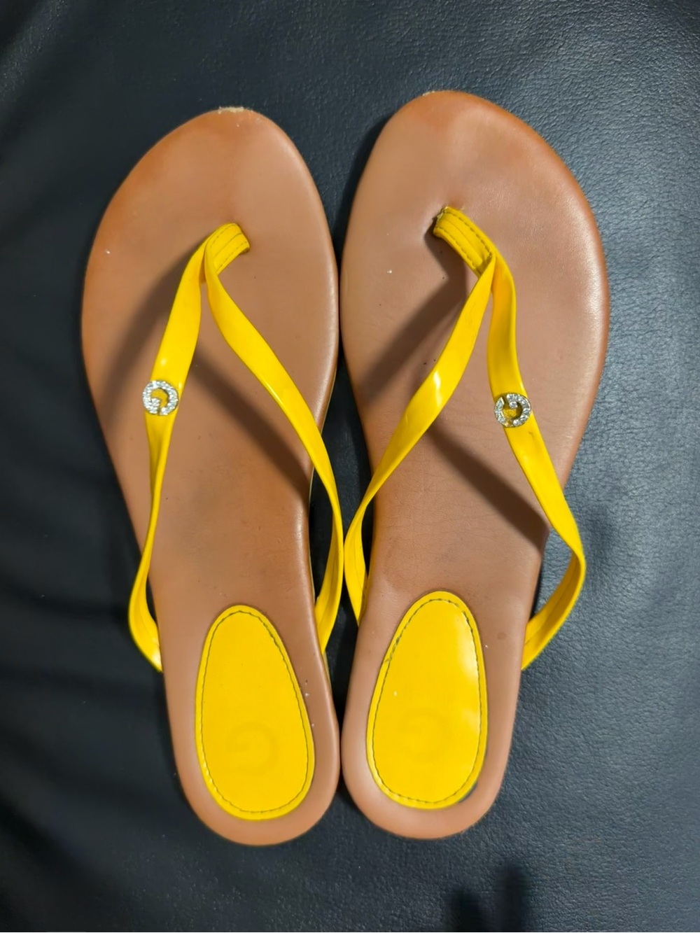 Guess Yellow Patent Strap Brown Footbed Women's Sandals